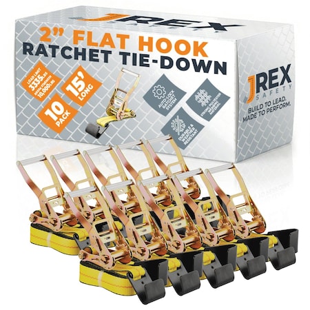 Jrex Safety 10PK HD Ratchet Straps with Flat Hooks, Yellow 2 in x 15 ft Tie Downs RTD215-JR-FH-10PK