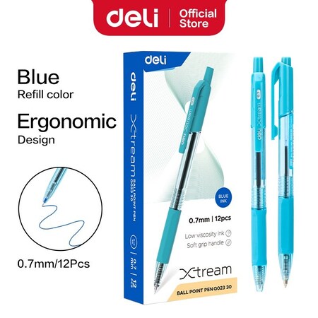 Deli Retractable Ballpoint 0.7mm, Blue Ink, Soft Grip, 12PK EQ02330