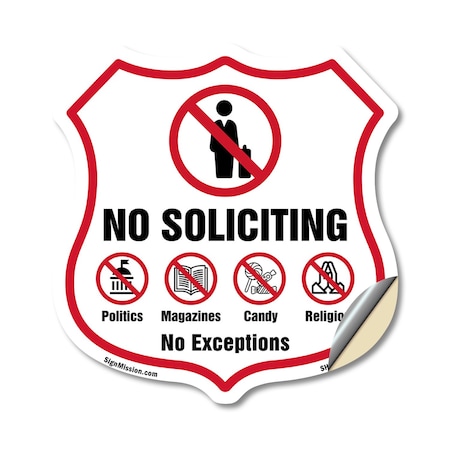 Signmission No Soliciting Shield Sign No Politics Ma, 12 Inch X 12 Inch, Vinyl Decal SHI-D-12-403