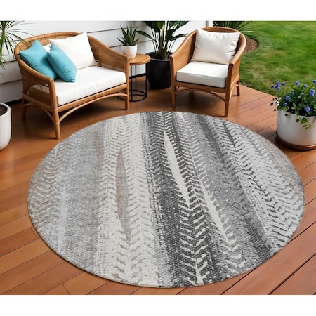 Homeroots 8' Khaki Ivory And Gray Round Botanical Leaves Washable Indoor Outdoor Area Rug 581944