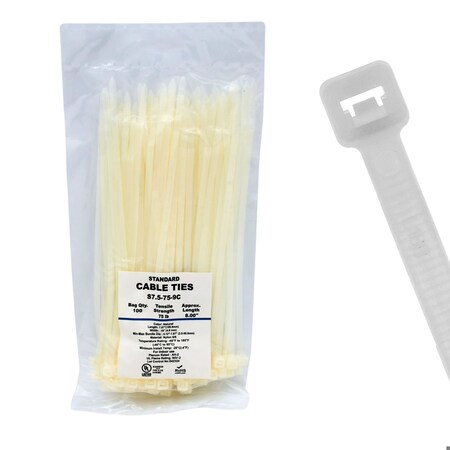 Cable Ties Unlimited Cable Tie, 7.5 in L, 75 lb Strength, 1.8 in Max Bundle Dia, Nylon 6/6, Natural, 100PK S7.5-75-9C