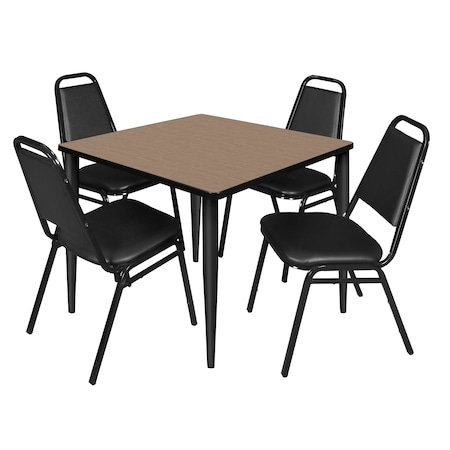 Regency Square Kahlo Breakroom Table W/ 4 Restaurant Stack Chairs, 42 in W, 42 in L, Noble Oak TPL4242NOBK29BK