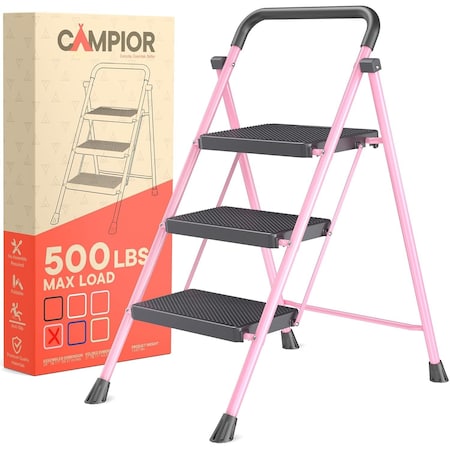 Campior Pink 3-Step Foldable Stool, Heavy-Duty, 500 lbs Capacity, Anti-Slip, Steel Frame, Space-Saving Design DRIB3STPPK