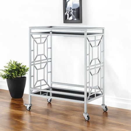 Homeroots 28" Silver And Black Metal and Glass Rolling Bar Cart 551669