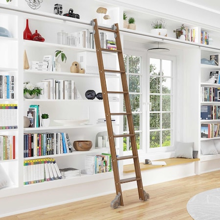 Quiet Glide 8.06 ft. Walnut Sunburst Wheel Satin Nickel Rolling Hook Removable Ladder, 12 ft. Rail QG.510-8WA-12-H.02
