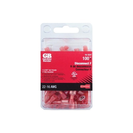 Gb Disconnect Terminal, 600 V, 22 to 18 AWG Wire, 1/4 in Stud, Vinyl Insulation, Red, 100PK 10-151F