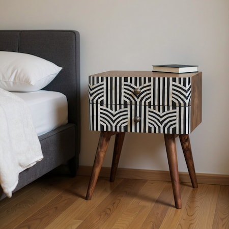 Homeroots 23" Black White And Brown Solid Wood Geometric Bone Inlay Two Drawer Nightstand 651501