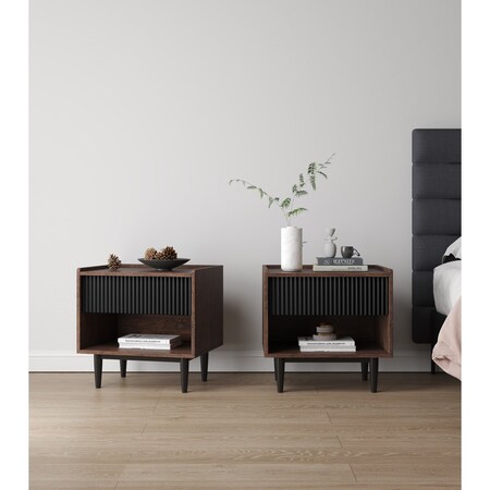 Manhattan Comfort Duane Modern Ribbed Nightstand with Full Extension Drawer in Dark Brown and Black, 2PK 2-NS-10GLF-BK
