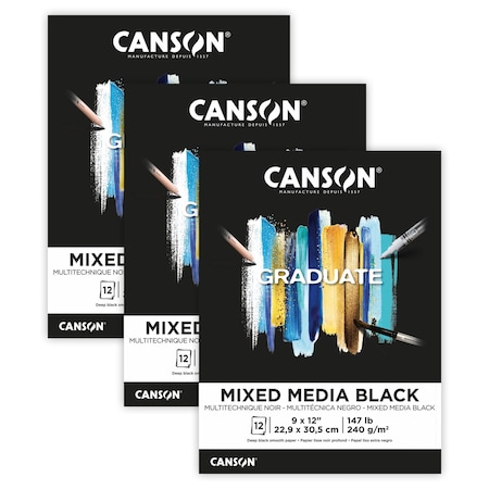 Canson Graduate Mixed Media Pad, Black, Foldover Binding, 12 Sheet, 9x12 inch, 3PK C525008004