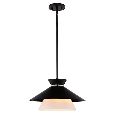 Vaxcel Loomis 1-Light Matte Black Mid-Century Modern Pendant, White Frosted Glass Shade P0440