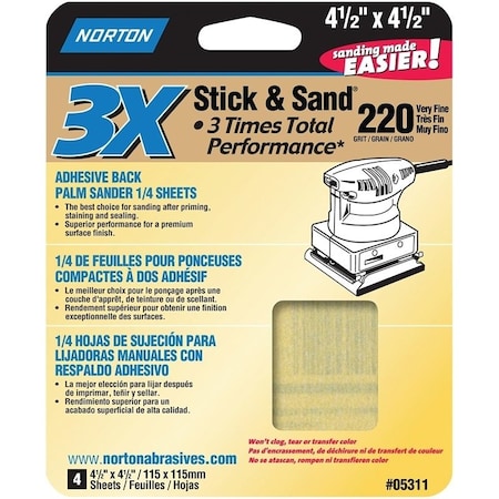 Norton Co ProSand 0766070 Sanding Sheet, 412 in L, 412 in W, Very Fine, 220 Grit, Aluminum Oxide Abrasive 5311