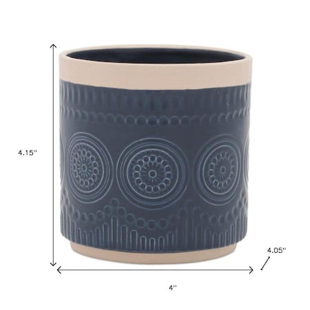 Homeroots Set of Two Blue And Beige Ceramic 1 Ounce Geometric Round Pot Planters 634283