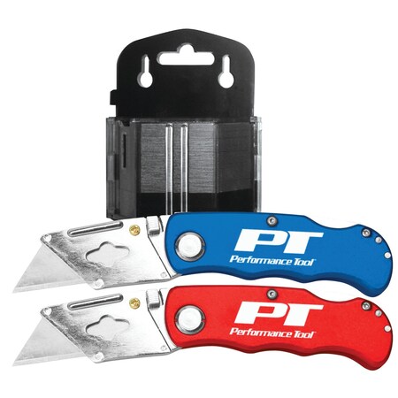 Perform Tool Utility Knife Lock Back Folding; Red And Blue Handle; With 50 Standard Utility Knife Blades/ Handy W1720