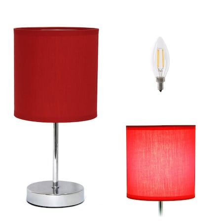 Homeroots 12" Silver Metal Table Lamp LED With Red Drum Shade 643179