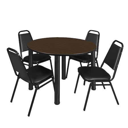 Regency Round Kee Breakroom Table W/ 4 Restaurant Stack Chairs, 42 in W, 42 in L, Neo Walnut TB42RNDNWBPBK29BK