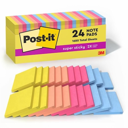 Post-It Super Sticky Notes, Summer Joy Collection, 3in. x 3in., Plain, 24PK 654-24SSJOY-CP