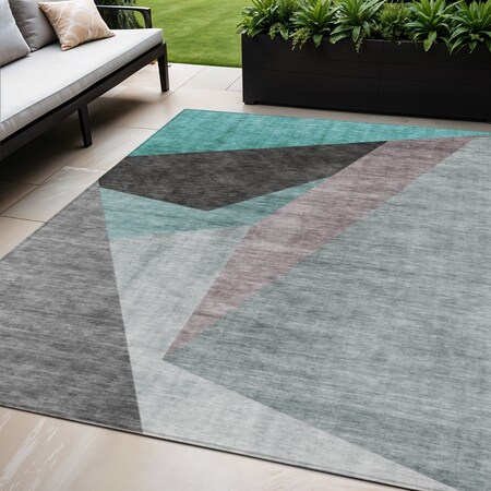 Homeroots 5' X 8' Teal Blue Aqua And Charcoal Abstract Washable Indoor Outdoor Area Rug 582891
