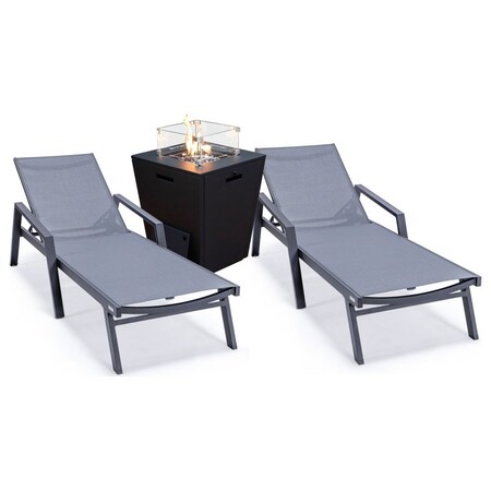 Leisuremod Marlin Black Aluminum Patio Chaise Lounge Armchair Set of 2 with Square Fire Pit Table, Dark Grey MLABLCF21-77DGR2