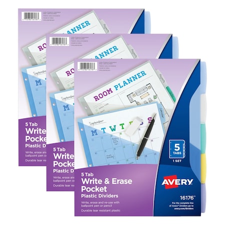 Avery Write & Erase Durable Plastic Dividers with Pockets, 5-Tab Set, Multicolor, 15PK 16176