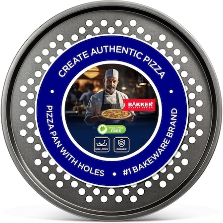 Bakkenmaster 13-Inch Non-Stick Pizza Pan with Holes, Carbon Steel, Perforated for Crisping, PFOA-Free BAKPIZ19W