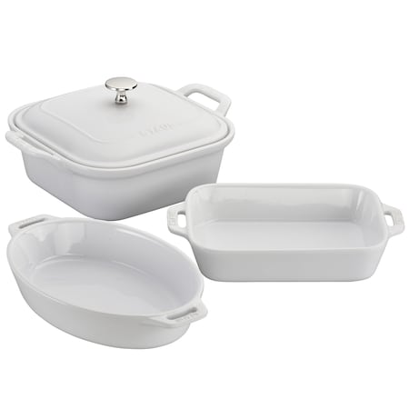 Staub Ceramic 4-pc Baking Pans Set, Casserole Dish with Lid, Brownie Pan, White 1014873
