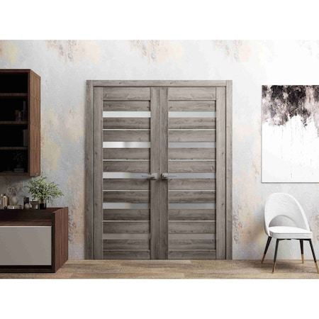 Sartodoors Solid French Double Doors 36 x 80in, Quadro 4445 Nebraska Grey W/ Frosted Glass QUADRO4445DD-NEB-36