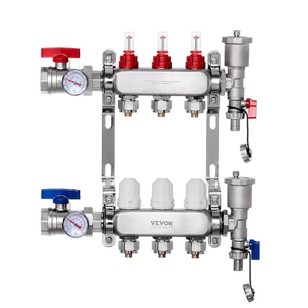 Vevor 3-Branch Radiant Heat Manifold 1/2 in PEX Tubing Floor Heating Manifold Set 7012-25-03-00-NPT