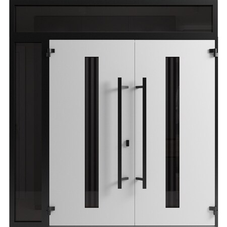 Vdomdoors Front Exterior Prehung Aluminum Double Doors Ronex1055 Teak Mirrored Clear Glass 1 Sidelight and RONEX1055DEXD-OAK-W72+12xH80+16-LH-O