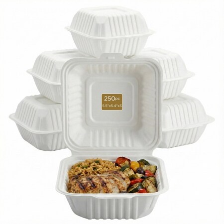 Eco Harmony Products Clamshell Hinged Food Storage Container, MFPP, Center Slide, 5.5" x 5.4", 250PK 804595