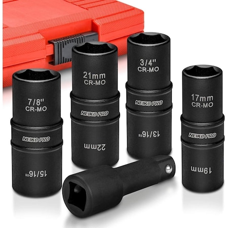 Neiko 0.5 in Dr. Impact Flip Socket Set, Deep, SAE and Metric 02282B