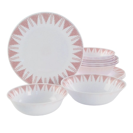 Ultra By Gibson Piper Point 12 Piece Opal Glass Dinnerware Set in White With Red Accents 138950.12