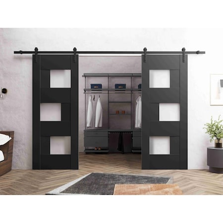 Vdomdoors Sturdy Dbl Barn Door 56 x 84in, Sete 6933 Matte Black W/ Frosted Glass, 13FT Rail Hangers Heavy Set SETE6933DB-BLK-5684