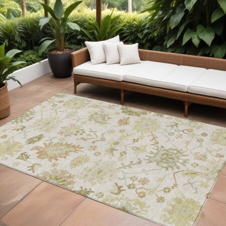 Homeroots 10' X 14' Ivory Green And Tan Floral Washable Indoor Outdoor Area Rug 605216
