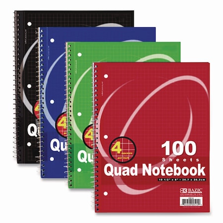 Bazic Products Spiral Notebook, Quadrille Rule 4 sq/in, Randomly Assorted Cover Color, 100 10.5 x 8 Sheets BAZ514