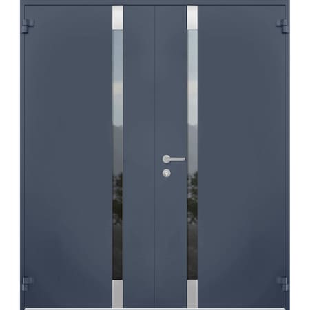 Vdomdoors Steel Double Doors Cynex 6777 Grey Stainless Inserts Single Modern Painted-W72xH80-Left-hand Outswi CYNEX6777DEXD-GRE-LH-O-W72 x H80