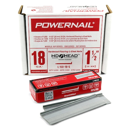 Powernail Collated Flooring Nail, 1-1/2 in L, 18, L-Head Head, 5000 PK L150185
