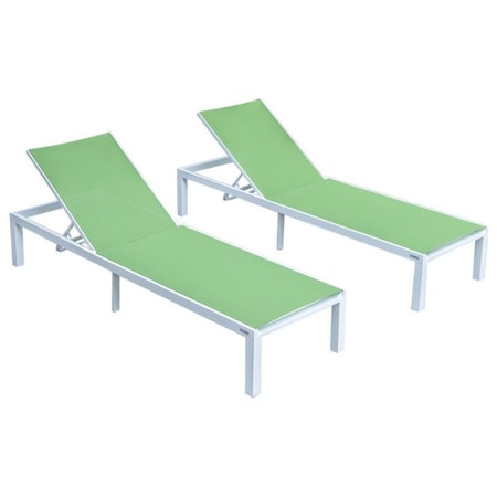 Leisuremod Marlin Patio Chaise Lounge Chair with White Aluminum Frame, Green, 2PK MLW-77G2