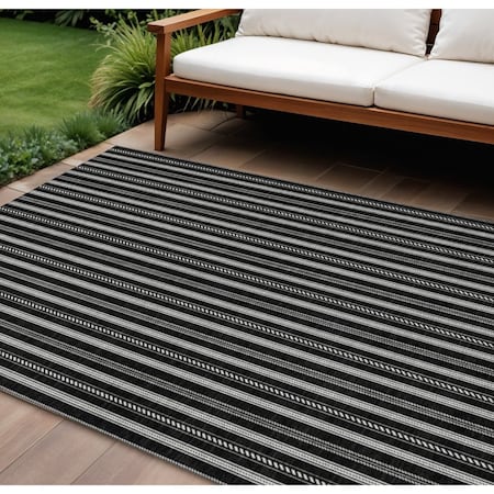 Homeroots 10' X 14' Black And Ivory Striped Washable Indoor Outdoor Area Rug 595852
