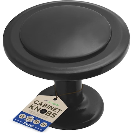 Lifemaster 1-1/4in Black Kitchen Cabinet Knobs, Rust-Proof, Zinc Alloy, Easy Install, 25PK LMKNBBLK25