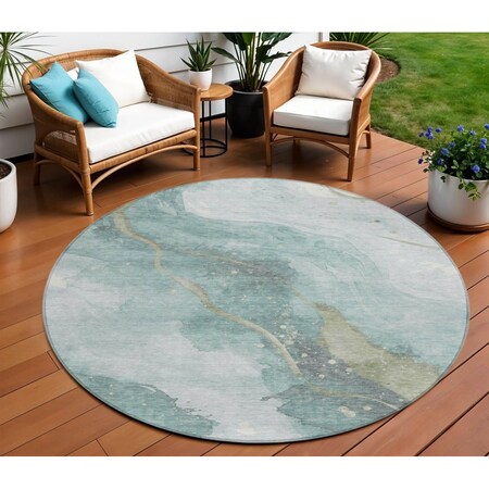 Homeroots 8' Teal Blue And Aqua Round Abstract Washable Indoor Outdoor Area Rug 611389