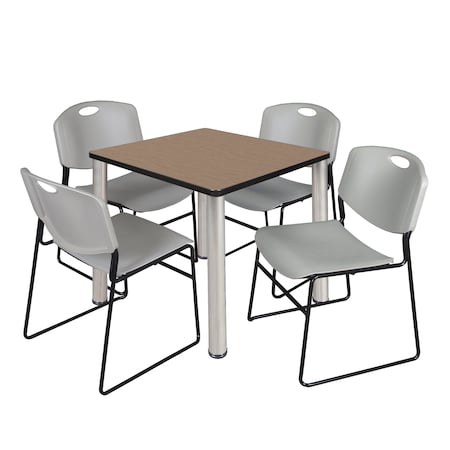 Regency Square Kee Breakroom Table W/ 4 Zeng Stack Chairs, 30 in W, 30 in L, Noble Oak TB3030NOBPCM44GY