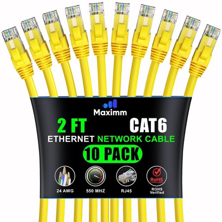Maximm Cat6 Ethernet Cable 2ft 10Gbps 550MHz UTP, 10PK, Yellow, 10PK CAT6-CCA-2FTYELLOW-10PK