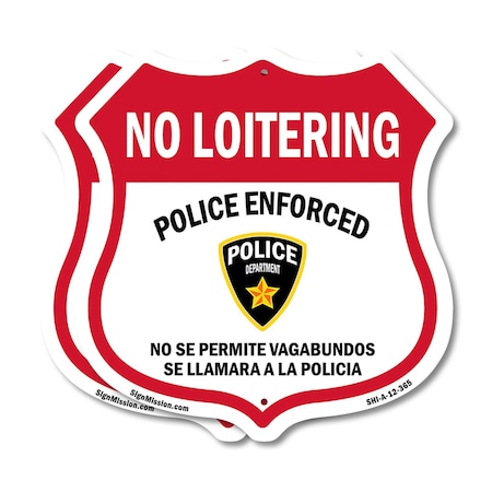Signmission Bilingual No Loitering Shield Sign Polic, 12 inch X 12 inch, Plastic Sign, 2PK SHI-P-2PACK-12-365