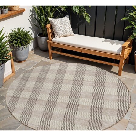 Homeroots 8' Beige And Brown Round Plaid Washable Indoor Outdoor Area Rug 595459