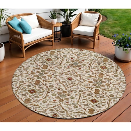 Homeroots 8' Ivory Brown And Red Round Floral Washable Indoor Outdoor Area Rug 604597