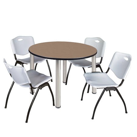 Regency Round Kee Breakroom Table W/ 4 M Stack Chairs, 42 in W, 42 in L, Noble Oak TB42RNDNOBPCM47GY