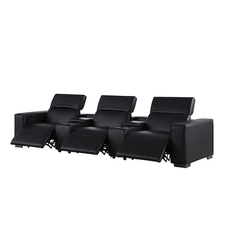 Homeroots 136" Black Top Grain Leather Reclining USB Sofa And Storage 720313