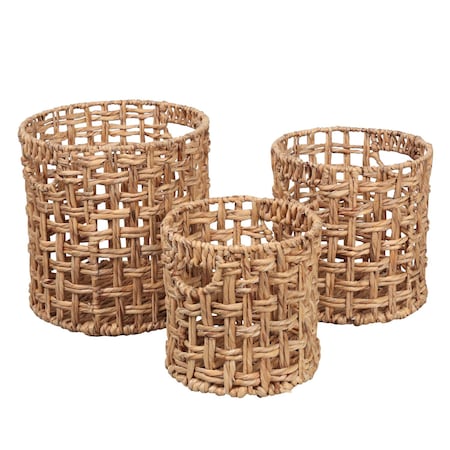 Happimess Lasuna Coastal Bohemian Water Hyacinth Handwoven Checker Weave Nesting Baskets w/Handles, Natural, BSK2033A-3SET