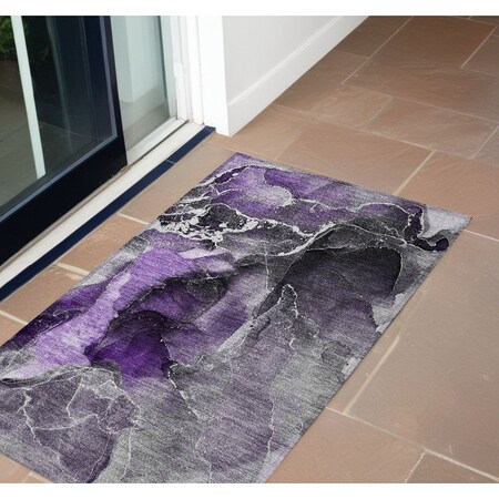 Homeroots 3' X 5' Gray and Purple Abstract Washable Non Skid Indoor Outdoor Area Rug 559472