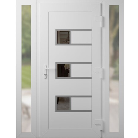 Vdomdoors Front Exterior Prehung Metal-Plastic Door, Manux 8933 White Silk, 2 Side Sidelite Transoms, Office MANUX8933EXD-WS-W16+32+16xH80-LH
